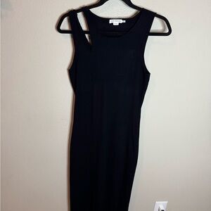 Good American Black Ribbed Bodycon Midi Dress 3/4 Asymmetrical Strap